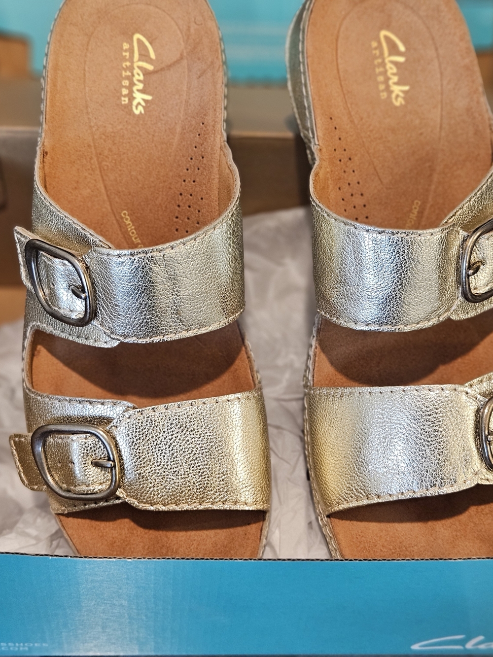 Clarks Women’s Metallic Gold Double-Buckle Slide Sandals